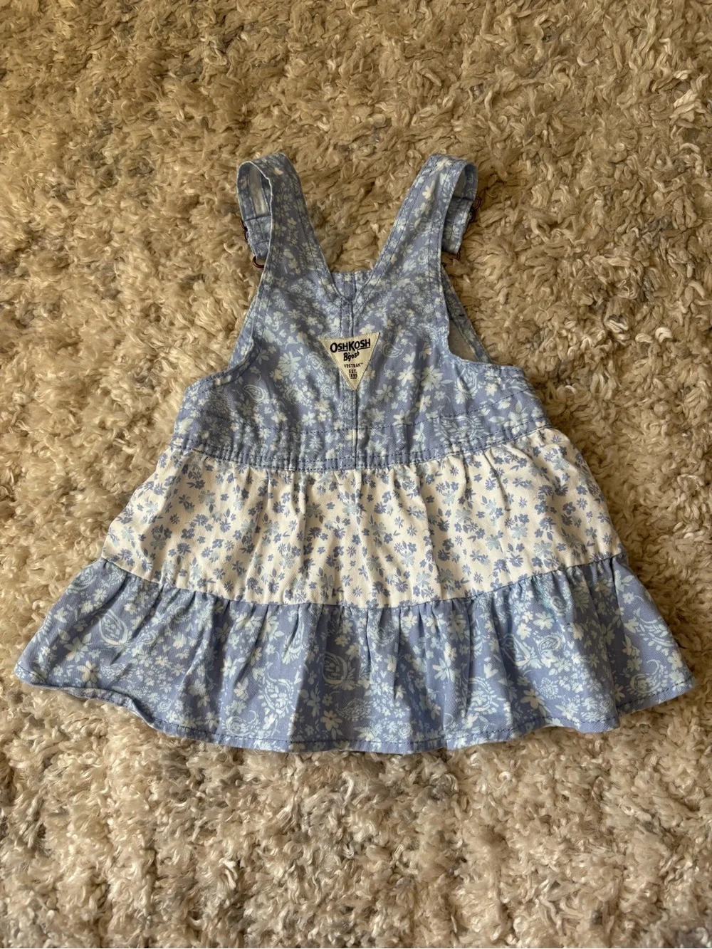 OshKosh B'gosh Light Blue & White Floral Tiered Overall Dress